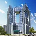 Modern High Rise Office Building With Glass Curtain Wall And Green Trees Under Blue Sky