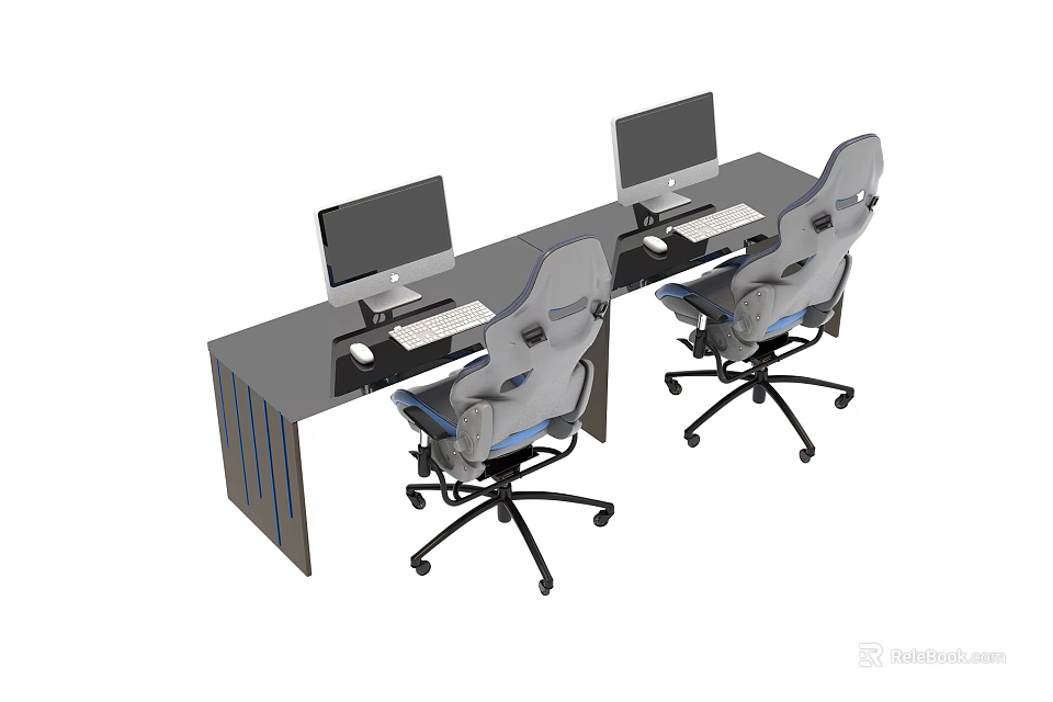 Modern Entertainment Desk With Dual Monitors And Ergonomic Swivel Chairs 3d model 