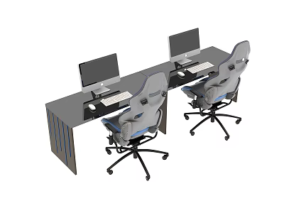 Modern Entertainment Desk With Dual Monitors And Ergonomic Swivel Chairs 3d model