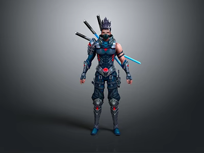 Futuristic Game Character In Blue Black Armor With Katana Swords And Glowing Accents 3d model