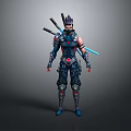 Futuristic Game Character In Blue Black Armor With Katana Swords And Glowing Accents
