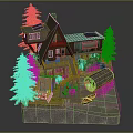 Cartoon Scene Featuring A frame Mountain Cabin Solar Panels Pine Trees Wooden Deck and Log Raft