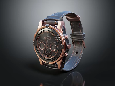 Luxury Rose Gold Chronograph Watch With Skull Pattern Dial And Black Leather Strap 3d model