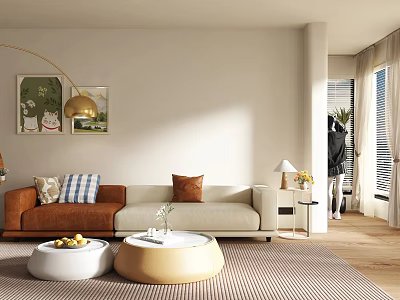 Modern Living Room Interior Design With Beige Brown Sofa Round Coffee Tables Golden Lamp And Decorative Paintings 3d model