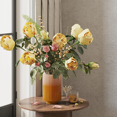 Beautiful Yellow And Pink Roses In Gradient Ceramic Vase On Wooden Table With Green Leaves 3d model