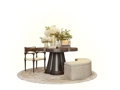 Elegant Console Table With White Flowers Green Plants Chair And Ottoman On Round Rug 3d model