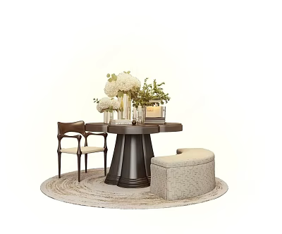 Elegant Console Table With White Flowers Green Plants Chair And Ottoman On Round Rug 3d model