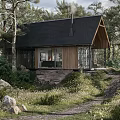 Detached Villa With Black Gabled Roof And Wood Glass Exterior In Wooded Area