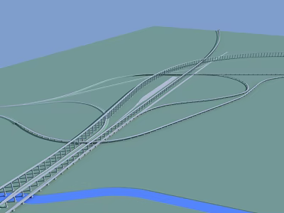 Highway Interchange Road Infrastructure With Multiple Lanes And River Crossing Bridge Structure 3d model