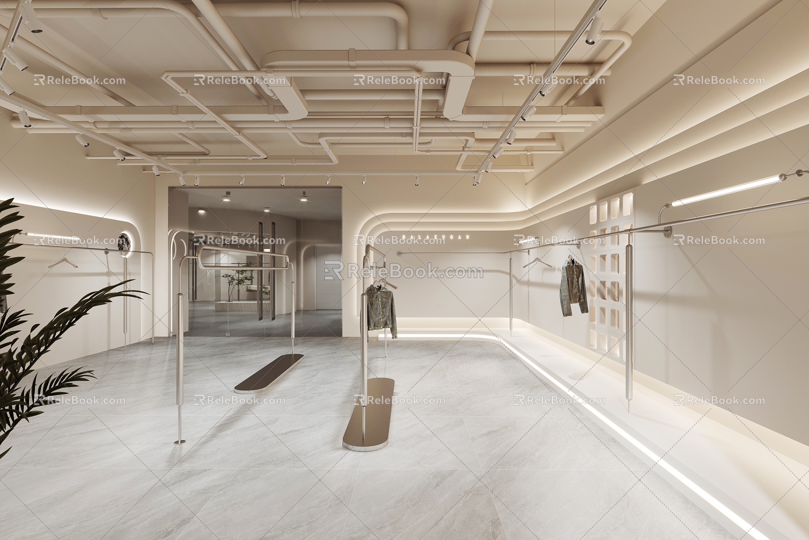 Minimalist Cream Style Clothing Store Exhibition Hall with Goods Studio Clothing Shelf Modeling Background Wall Hollow ceiling 3d model