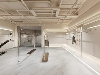 Minimalist Cream Style Clothing Store Exhibition Hall with Goods Studio Clothing Shelf Modeling Background Wall Hollow ceiling 3d model