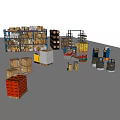 Organized Warehouse Interior With Shelves Stacked Boxes Barrels And Forklift