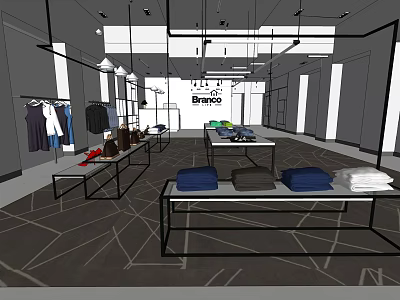 Modern Clothing Store Interior Design With Hanging Clothes Display Tables And Lighting 3d model