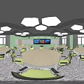 School Modern Classroom Featuring Large Interactive Screen Round Tables Green Chairs And Hexagonal Lights 3d model