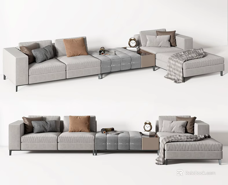 Modern Light Gray Sectional Sofa With Decorative Pillows And Throw Blanket 3d model