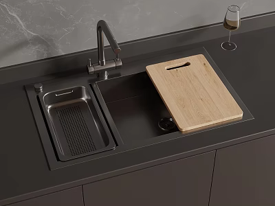 Modern Kitchen Sink Area With Black Countertop Wooden Cutting Board And Wine Glass 3d model