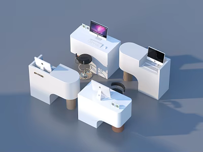 Modern White Multiple Reception Desks Design With Computer Monitors And Chairs 3d model