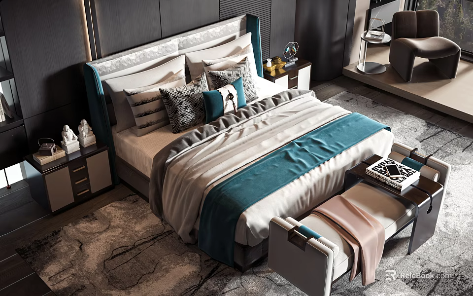 Modern Double Bed Interior With Bedside Pillows Teal Throw Blanket Nightstand Bench And Rug 3d model 