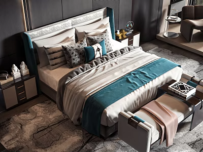 Modern Double Bed Interior With Bedside Pillows Teal Throw Blanket Nightstand Bench And Rug 3d model