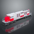Red and White Industrial Train With Multiple Windows And Metal Wheels On Reflective Surface 3d model