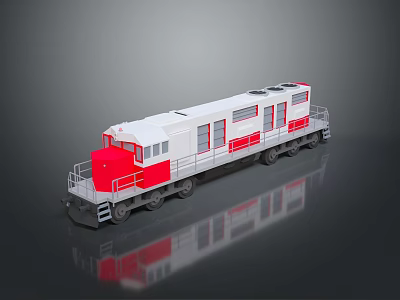 Red and White Industrial Train With Multiple Windows And Metal Wheels On Reflective Surface 3d model