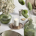 Natural Tones Tableware Set With Ceramic Bowls Plates Woven Mats And Green Glass Vases