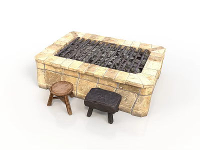 Stone Built Square Outdoor Fire Pit With Grill Grate And Wooden Dark Colored Side Stools 3d model