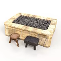 Stone Built Square Outdoor Fire Pit With Grill Grate And Wooden Dark Colored Side Stools