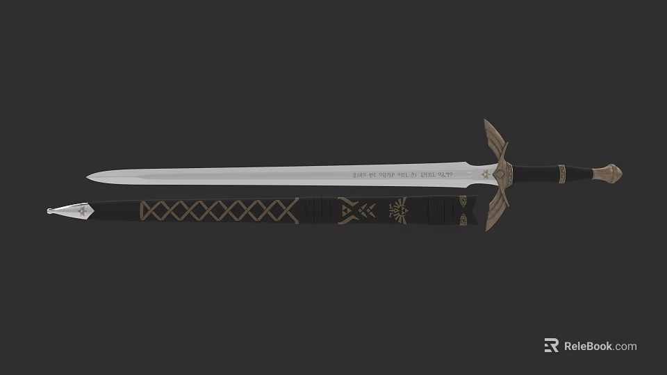 Ornamental Silver Sword With Black Hilt And Gold Engraved Details 3d model 