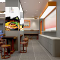 Modern Restaurant Interior With Wooden Stools Long Bar Counter Refrigerated Display Case And Menu Board