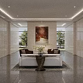 Modern Lobby Interior With Marble Walls Sofa Coffee Table Wall Painting Trees Outside