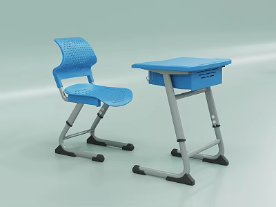 Blue Desk And Chair Set With Perforated Backrest Drawer Gray Legs Non Slip Pads 3d model