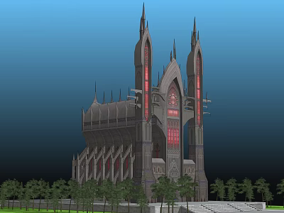 Gothic Style Building With Tall Spires Red Windows And Trees Around Steps 3d model