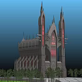 Gothic Style Building With Tall Spires Red Windows And Trees Around Steps
