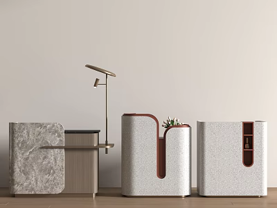 Modern Reception Desk Interior With Stone Wood Panels And Green Plant Decor 3d model