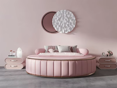 Modern Pink Upholstered Kids Bed With Round Design Side Tables And Decorative Mirrors 3d model