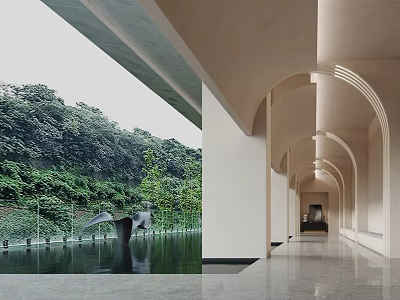 Modern Architectural Corridor With Water Pool And Lush Greenery Landscape View 3d model