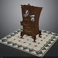 Antique Mahogany Carved Cabinet With Blue White Vases Ornaments On Geometric Floor Tile
