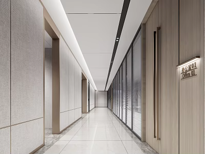 Modern Office Corridor Interior With Clean Lines Glass Partitions And Smooth Flooring 3d model