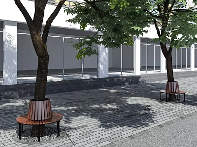 Outdoor Chairs With Wooden Seats Under Trees On Paved Courtyard Ground 3d model
