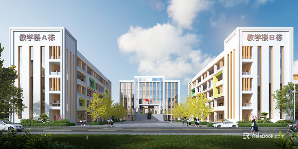 Modern School Building Campus With Multiple Buildings Trees Entrance People Car And Blue Sky 3d model 