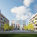 Modern School Building Campus With Multiple Buildings Trees Entrance People Car And Blue Sky