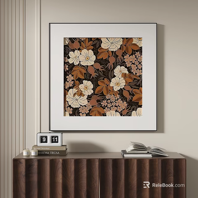 Botanical Flower Painting on Wall Above Wooden Cabinet 3d model 