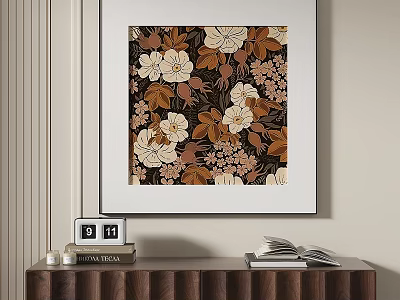 Botanical Flower Painting on Wall Above Wooden Cabinet 3d model