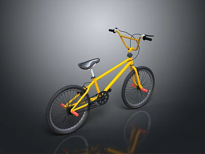 Yellow BMX Bicycle On Grey Background With Black Handlebars Seat And Red Pedals 3d model