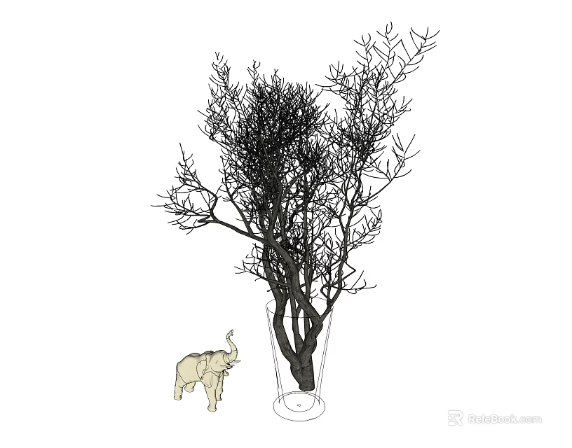 Elegant Decorative Ornament Set with Black Branches Clear Glass Vase and Small Elephant Figurine 3d model 