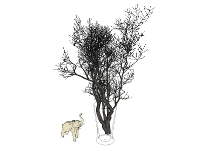 Elegant Decorative Ornament Set with Black Branches Clear Glass Vase and Small Elephant Figurine 3d model