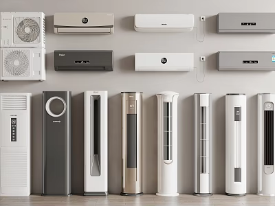 Modern Air Conditioners and Fans Various Styles Displayed on Wall and Floor 3d model