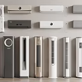 Modern Air Conditioners and Fans Various Styles Displayed on Wall and Floor