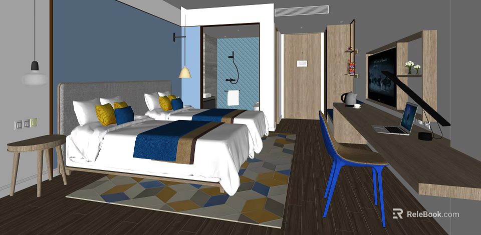 Hotel Guest Room With Twin Beds Colorful Pillows Geometric Pattern Rug And Wooden Flooring 3d model 